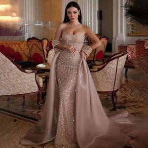 Sharon zei luxe champagne -zeemeermin Arabische avondjurk met overkruift elegante Dubai dames feestjurken