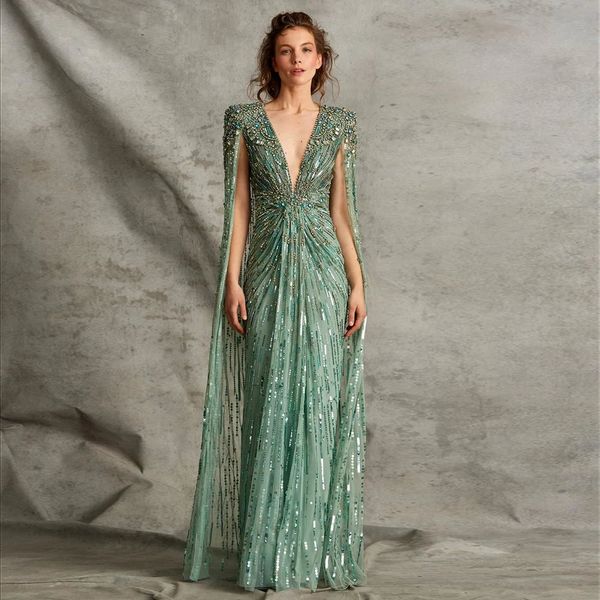 Sharon a déclaré que le luxe Dubai Sage Green Night Robes de soirée avec Cape Fuchsia Crystal Gold Elegant Women Wedding Formal Farty Robe SS399 240420