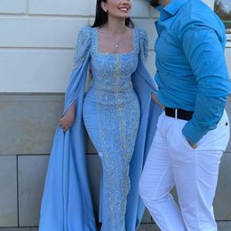 Sharon a déclaré que le luxe Dubai Sky Blue Blue Sirène musulmane robes de soirée avec des manches arabes Cape Femmes lilas de mariage SS365 240425