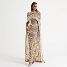 Sharon Said Luxury Pearls Dubai Champagne vestidos de noche con capa árabe mujeres sirena boda fiesta vestido de fiesta SS369 240115