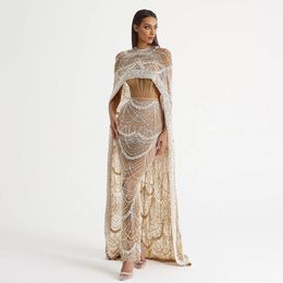 Sharon dijo Vestidos de noche de Champagne de Luxury Pearls Dubai con Cape 2024 Arabic Women Mermaid Wedding Party Dress SS369 240528