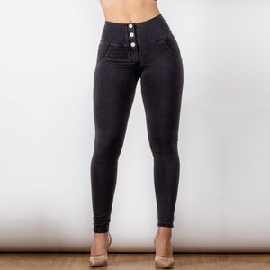 SHASCULLFITES Mode High Tailed Jeans met knoppen vliegen gewassen zwarte slanke stretch denim zachte jeans panty