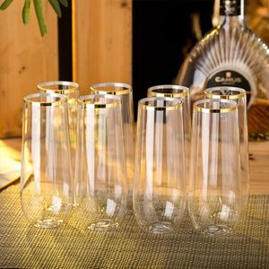 Vasos inastillables para fiestas, bodas, cócteles transparentes, copas de vino de plástico sin tallo, copas de champán de plástico con borde dorado