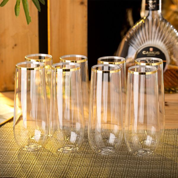 Vasos inastillables Fiesta Boda Cóctel transparente Sin tallo Copas de vino de plástico Borde dorado Flautas de champán de plástico RRA4701