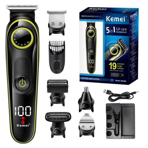 Shaver Kemei 5 dans 1 rasoir électrique LCD pour rasoir électrique à longue barbe Multifinection USB rechargeable de poils coupés de poils coupés