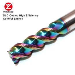 Shavers Yuzetools HRC60 DLC COMBAJE Colorido High Gloss High Eficiencia Fresco de aluminio Cutter Tungsten Carbide Steel 3 Flute End Mill