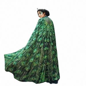 Mantón Cape Chiff Mantón fino Capa Mujeres Nuevo Pavo real LG Cola Verde Lace Up Traje de baile Cuello redondo Capa Media longitud Dr G5r5 #