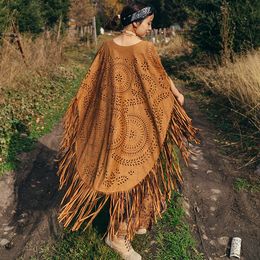 SHAWLS Ayualin kameel Suede floral hollow out fringe tassel sjaal dames vintage capes ponchos herfst bohemian vest mantel boho 230314