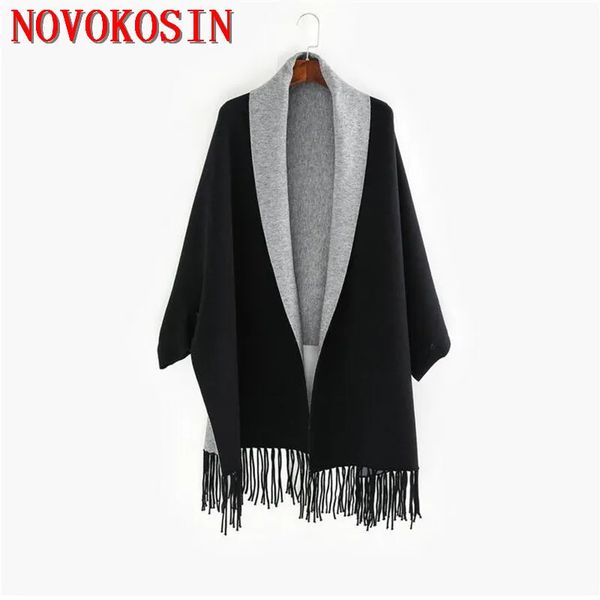 Chales Negro Gris Tallas grandes Ropa de invierno Poncho de punto Mujeres Diseño sólido Capa Mujer Mangas largas de murciélago Abrigo Vintage Mantón 231010