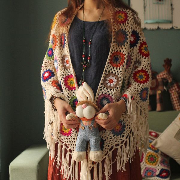 Châles Boho Vintage coloré évider tricoté châle Poncho avec gland femmes rétro Mori fille Arts ventilateur à la main Crochet pull écharpe 230818