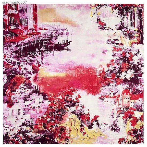 Châles Classic New Oil Painting House Water Village Boat Womens Brand Twill Silk Square Scarf Womens Kerchief Scarf Womens Shawll2404L2404