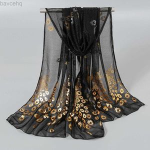 Châles élégants paon imprimé Hijab Gold paillette en polyester écharpe pour femme couleurs solides châles d'été Protection solaire bandeau 170 * 60cm d240426