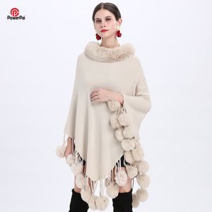 Chales de moda de piel sintética bolas borlas Poncho mujeres suave punto lana pulóver capa cuello chal abrigo joven Otoño Invierno 221110