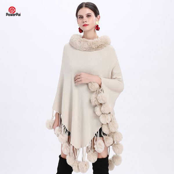 Châles Mode Fausse Fourrure Boules Glands Poncho Femmes Doux Tricot Laine Pull Manteau Col Châle Manteau Jeune Automne Hiver 221110