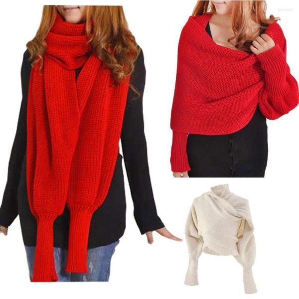 Chales moda invierno cálido color sólido tejido abrigo bufanda crochet grueso chal capa con manga para mujeres y hombres Leeves