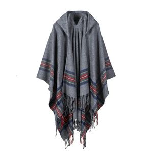 Châles Mode Femmes Hiver Châle Wraps Épais Couverture Chaude Écharpe Oversize À Capuchon Noir Ponchos Et Capes Rayé Gland Echarpe 231012