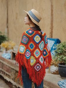 Shawls Granny Square Swater Poncho Handmade Kniting Covers Pullover Cloaks Colorful Crochet Top Autumn Women Tassels Shawl Boho Wraps 230717