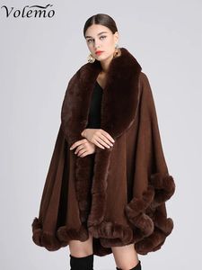 Volemo hiver élégant V revers Faux Rex manteau de fourrure de lapin Cape femmes grand Long châle pleine garniture tricot manteau pardessus Parka 231012