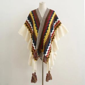 Châles femmes Style ethnique Poncho Capes dames mode rayure coloré tricot surdimensionné Wrap frangé châle bohème 231012