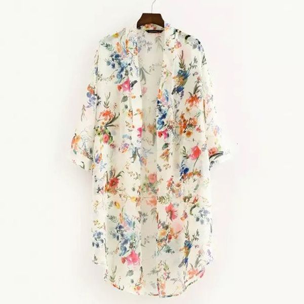 Châles Femmes Vintage Chemises En Mousseline De Soie Florale Petit Frais Simple Longue Crème Solaire Blouse Lâche Châle Kimono Cardigan Boho Tops 230818