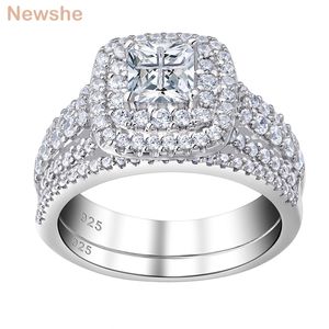 Elle 925 Sterling Silver Halo Bague de mariage Ensemble pour femmes Bijoux élégants Princesse Cross Cut AAAAA CZ Bagues de fiançailles 211217