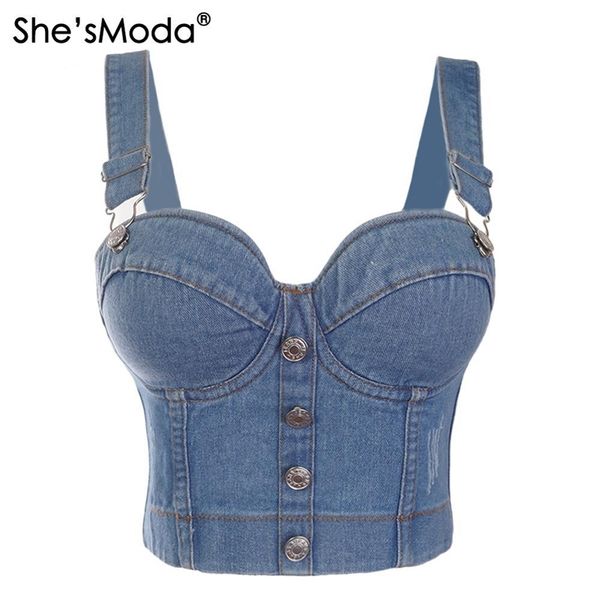 She'sModa Denim Jeans Rayé Bouton Diamants Ripped Push Up Bustier Night Club Party Crop Top Nouveau Corset Camise 201028