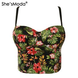 She'sModa Summer Palm Floral Print Back Zipper Push Up Bralet Bustier Soutien-Gorge Cropped Top Vest Plus Size Y200701