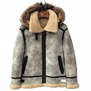 Shearling en peau de mouton en cuir véritable fourrure capuche manteau mâle B3 Bomber veste aviateur vêtements d'extérieur moto épaisse hiver veste chaude J1UB #