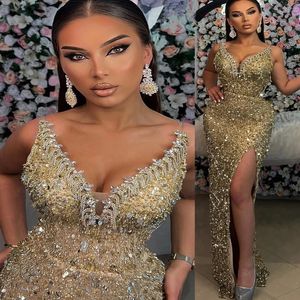 Gaine Graduation Gold Robe High Split Selled Lace Sexy Sexy Homecoming Party Formal Tail Prom Robes Robes Yd es