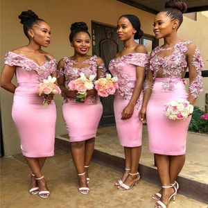 Schede knielengte roze off-shoulder bruidsmeisjesjurk 3D bloemenkant stoffen Afrikaanse Junior bruidsmeisje bruiloftsgast feest Si210t
