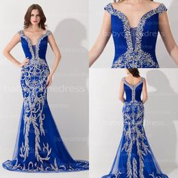 Funda sirena azul real tul vestido de noche de graduación 2015 fuera del hombro vestidos de fiesta formales con lentejuelas rebordear únicas elegantes vestidos nuevos BZP0436