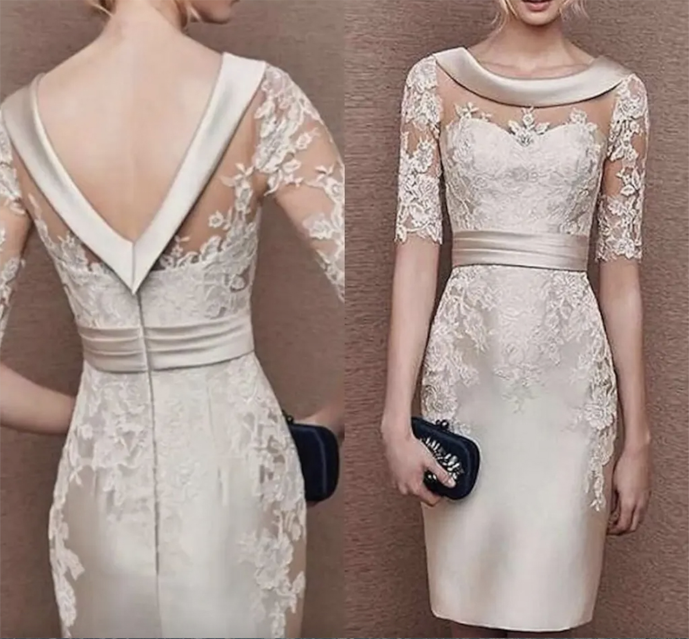 Etui-Kleid für die Brautmutter 2023, elegant, mit Juwelenausschnitt, knielang, Satin, Spitze, kurze Ärmel, Applikationen, Hochzeitsgast-Partykleider, Champagner