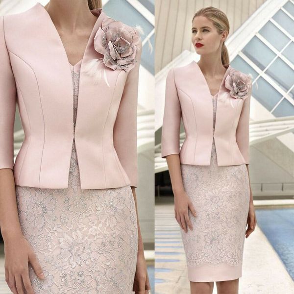 Gaine courte rose mère de robe de mariée 2024 robe d'invité dentelle élégante manches 3/4 avec veste grande taille pour la fête de mariage vestidos de fiesta