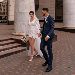 Bainha vestidos de casamento 2024 v pescoço manga longa vestido de casamento curto para noiva laço excessivamente trem robe de mariee