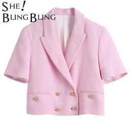 SheBlingBling 2 piezas mujer ZA Blazer conjunto corto Vintage elegante chaqueta con muescas abrigos pantalones cortos doble botonadura trajes urbanos X0721