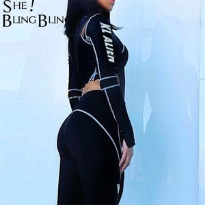 SHEBLEPLING Summer Black 2 -delige sportpak Women Set Long Sleeve Stripe Crop Top Push Up Up Leggings Fitness Two -Pally Outfits T200603