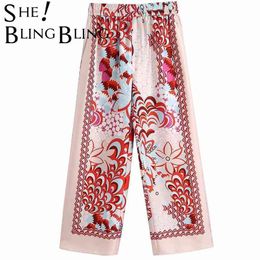 SheBlingBling été fleuri imprimé femmes pantalons longs léger décontracté élastique taille haute pantalon femme bas jambe large 210925
