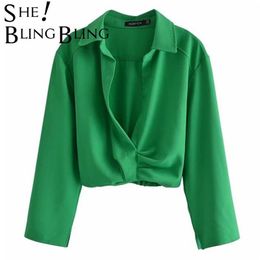 SheBlingBling Traf femmes décontracté vert Blouses profonde V poignet manches ruché drapé mince recadrée chemises femme Petites hauts 220407