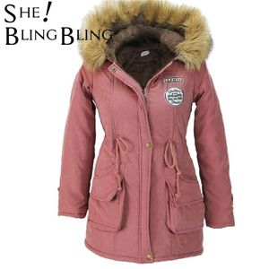 SheBlingBling femmes mode Parkas vestes d'hiver manteaux fausse fourrure col à capuche décontracté Long coton ouaté Laidies pardessus 211216