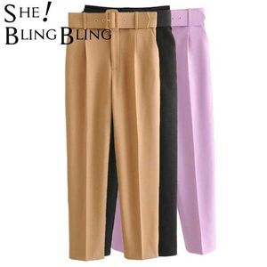 SheBlingBling femmes pantalons bureau dame taille haute pantalon droit élégant dames carrière ceintures décontracté cheville longueur pantalon X0629