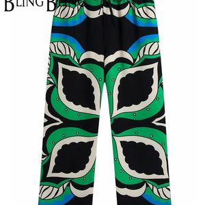 SheBlingBling ZA Casual Beach Pantalon lâche Cordon léger Élastique Taille haute Femmes Longueur de la cheville Vert Imprimer Pantalon droit 210925