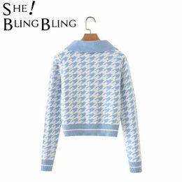 SheBlingBling Za Mujer 2021 Casual Traf Pull Crop Tops Otoño Invierno Polo Collar Contraste Recortes Houndstooth Knit Jumper Suéteres Y0825