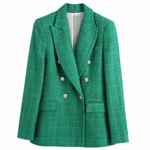 SheBlingBling Za Woman Casual Traf Coats Autumn Winter Ornate Buttons Tweed Woolen Long Blazers Female Thick Green Jackets 211006