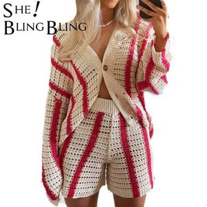 Sheblinging Za Woman Knit Cardigans 2 Piece Set Stripe Flower Y2K Autumn Winter Chic Tops Traf Sweater Casual Traje Pull Y0825