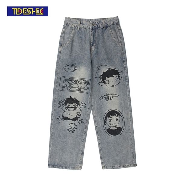 shec Anime Imprimé Jeans Collège Style Lâche Hommes et Femmes Pantalon Streetwear Denim Pantalon De Mode Hommes Vêtements 210716