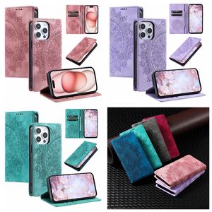 Étuis portefeuille en cuir de fleur Datura pour iPhone 15 Plus 14 Pro Max 13 12 11 XR XS X 8 7 6 Sucer Fermeture magnétique Impression en relief Totem Dentelle Fente pour carte Mandala Flip Cover Pouch