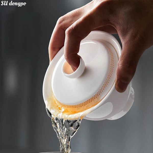 Gaiwan – bol à thé filtré à 360 °, en porcelaine blanche de Jade, graisse de mouton, Design Anti-brûlure, tasse à thé unique en céramique, service à thé Kung Fu 240118