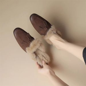 Schapenleer winter konijn haar muilezels schoenen voor vrouwen rond lage dikke hiel deksel teen slippers