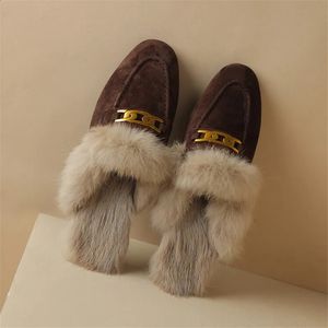 Schapen suède winter konijn haar muilezels schoenen voor vrouwen rond lage dikke hiel deksel teen slippers