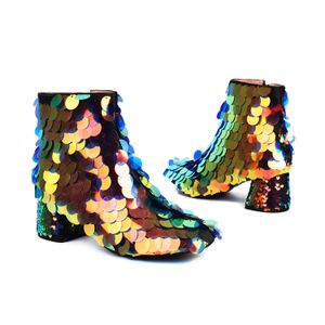 mouton Chunky 04 Nouvelles femmes talons brevetés Boots en cuir chaussures de cheville chaussure carrée camouflage laser mi-pote